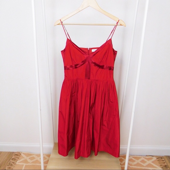 red satin fit and flare dress